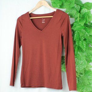 Sporty Rust Red Long Sleeve VNeck Tshirt Top Small